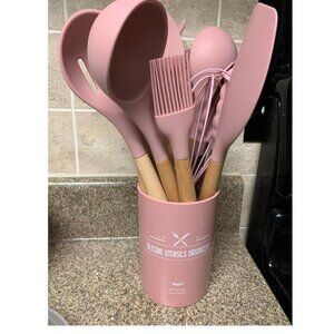 33 pcs Non-Stick Silicone Cooking Kitchen Utensils Spatula Pink Set with Holder